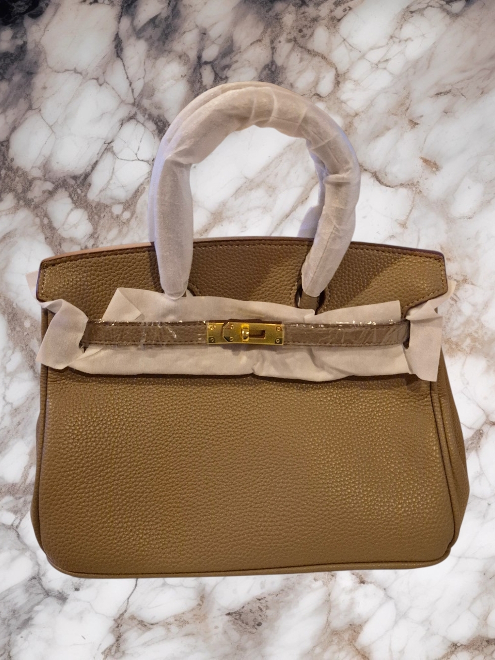 NWOT Structured Taupe Pebbled Leather Top-Handle Satchel